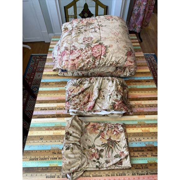 Vtg RALPH LAUREN Sateen Cotton Guinevere King Comforter 4 Pc Dust Ruffle 2 Cases - Picture 1 of 16